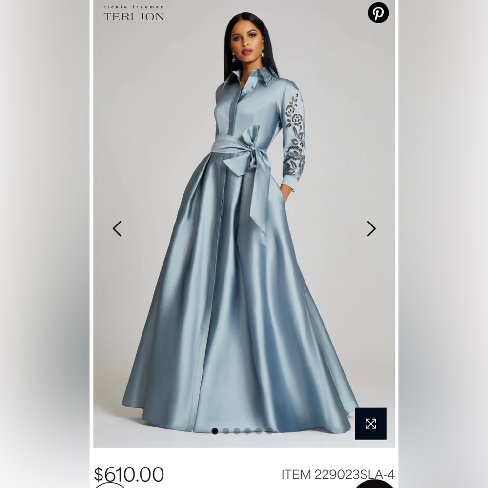 Rickie Freeman for Teri Jon Blue Taffeta Shirtdress Gown w/ Eyelet